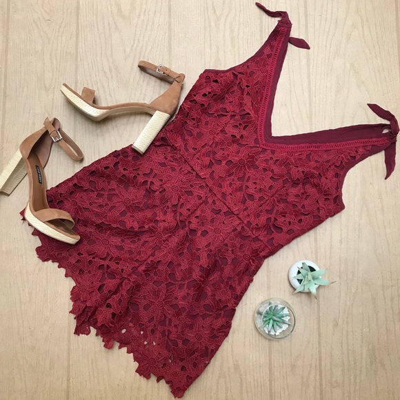 Kendall & Kylie Pants - Kendall and Kylie Deep Red Lace Romper Playsuit